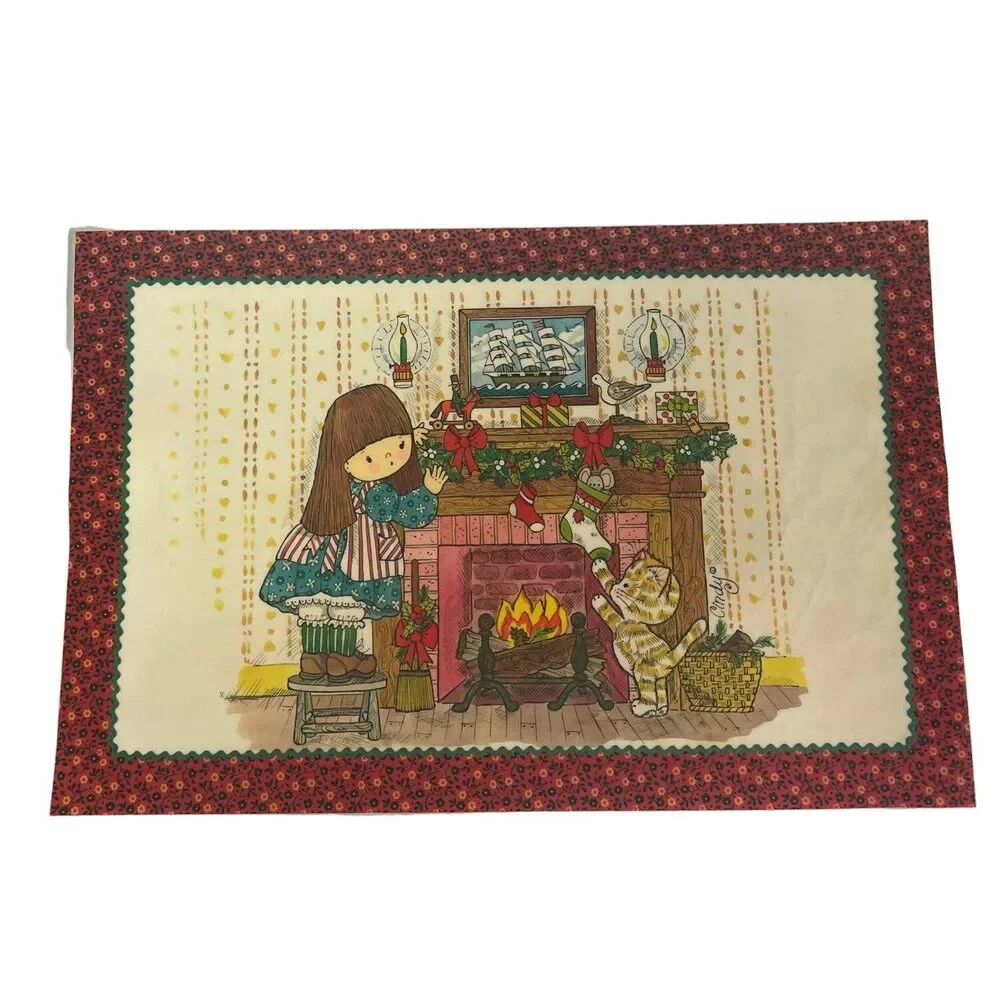 Vintage 1977 Two Cindy Doll Christmas Laminated Place Mats Rick Rack Border